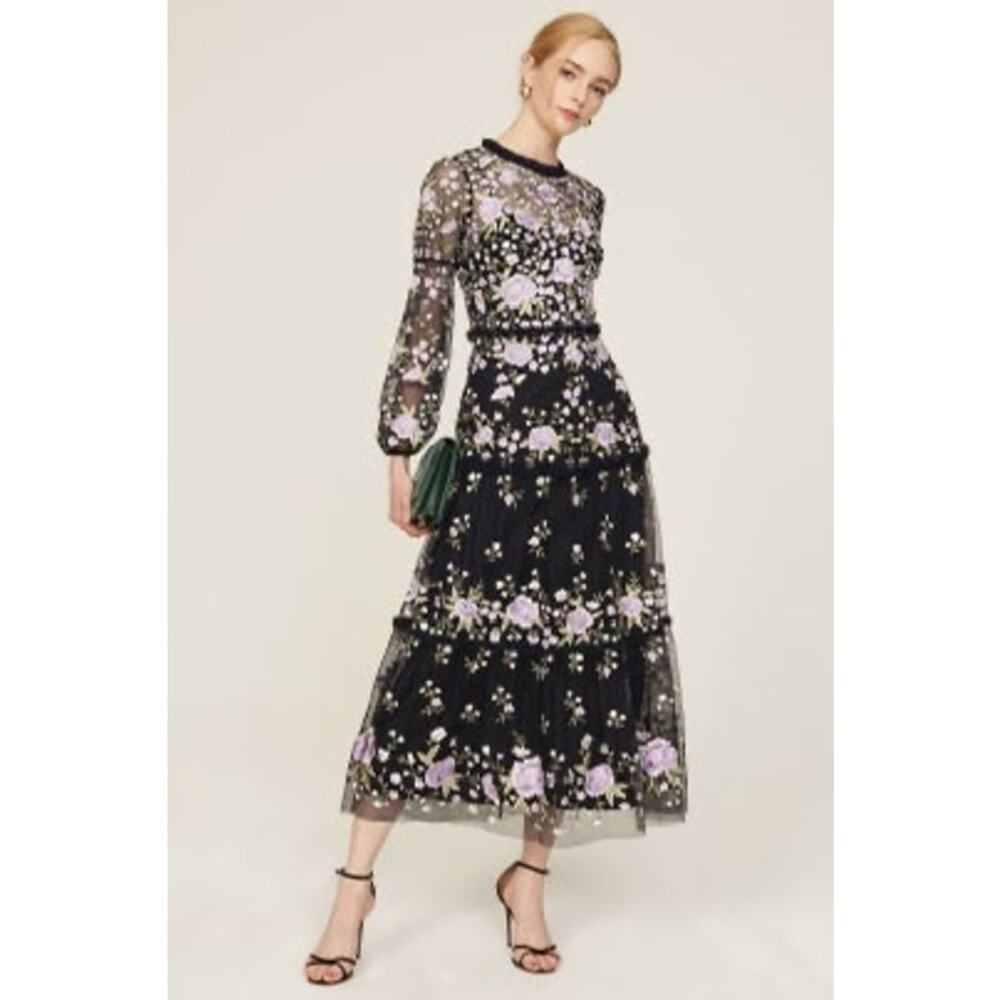 MAC DUGGAL Purple Embroidered Puff Sleeve Floral Tiered Dress Gown Size 6 - Picture 1 of 9